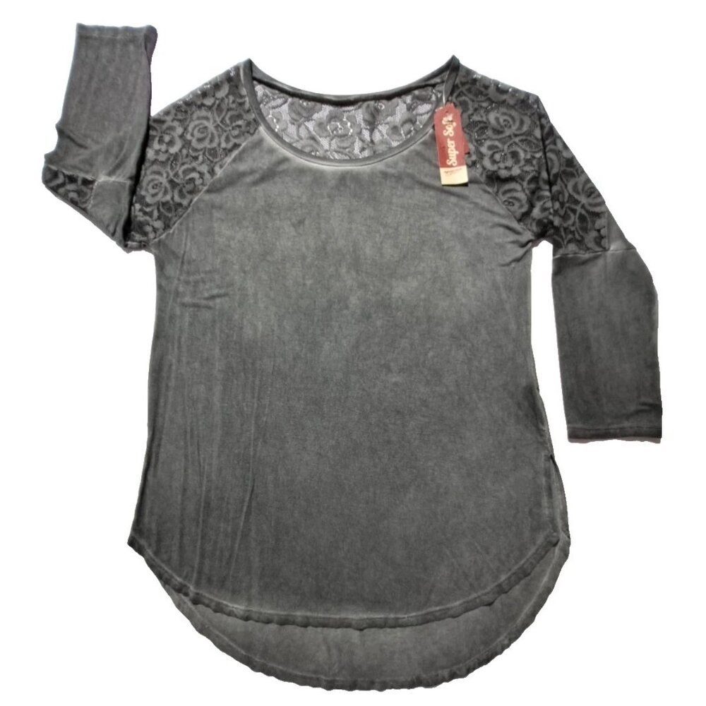 Arizona Jeans Top Super Soft 3/4 Sleeve Lace Grey Lightweight Tunic Stretch Sz L
